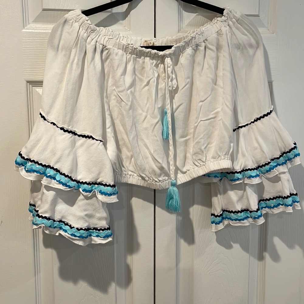 Size small. Surf Gypsy. Off shoulder shirt. Blue, white, and black stripes.
